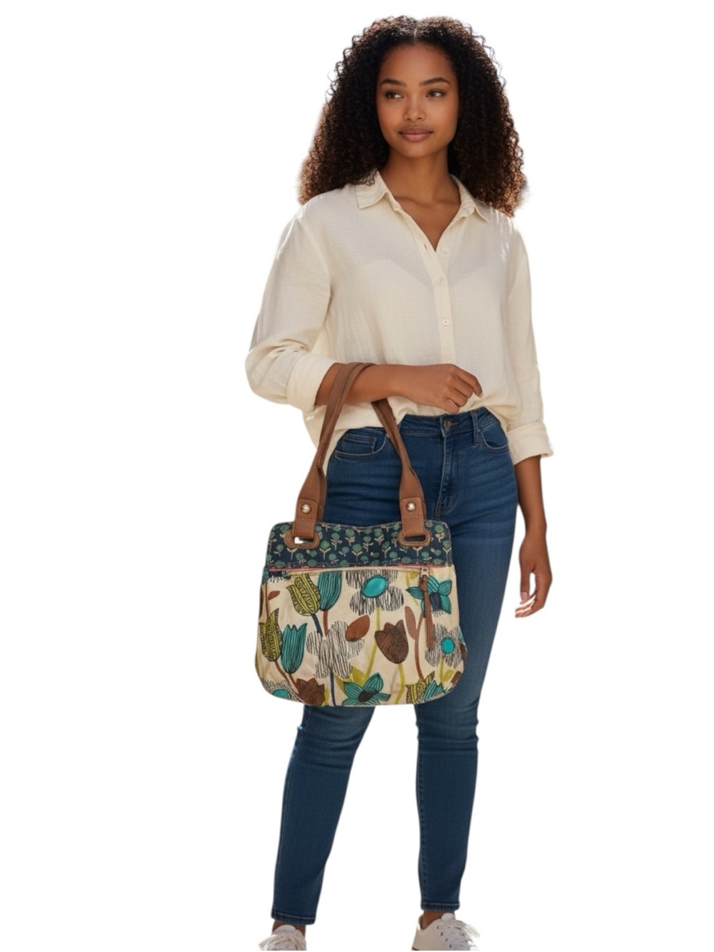 Fossil Key-Per Coated Canvas Floral Leather Strap Handles Boho Shoulder Bag.